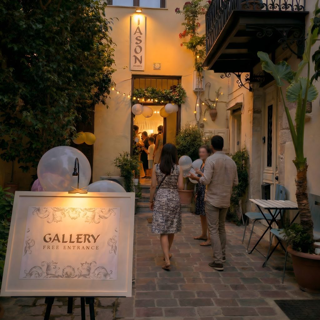 gallery sign in alley with people who walk towards the entrance of the photo gallery's building